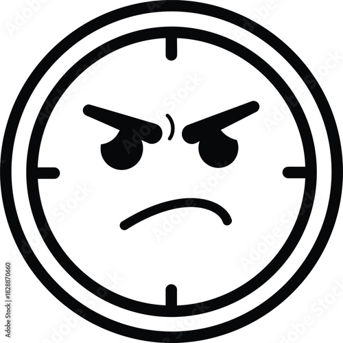 Angry clock face icon in black and white time expression deadline pressure frustration symbol illustration