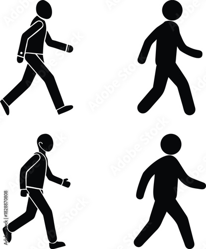Four Walking People Silhouette Icons — Pedestrian Symbol Set with Stick Figures and Business Attire Figures for Movement, Directions, Wayfinding, Office Navigation, and Public Signage