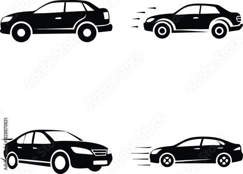 Four Car Silhouette Icons Vector — Black Sedan and Passenger Vehicle Symbols, Including Speed Motion Cars for Transportation, Delivery, Racing, Automotive Design, and Mobility Graphics