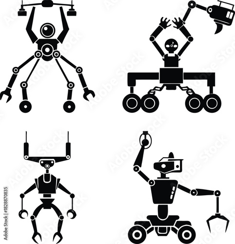 Robotics Icon Silhouettes of Drones and Robots for AI and Automation