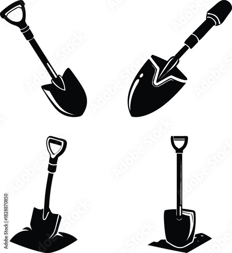 Four Shovel Silhouette Icons Vector — Black Spades and Digging Tools for Gardening, Landscaping, Construction, Outdoor Work, Labor Symbols, and Excavation Design Elements