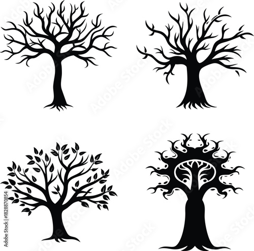 Four Decorative Tree Silhouette Icons: Black Vector Drawings of Bare and Leafy Trees for Nature, Forest, Logo Design, and Organic/Gothic Elements