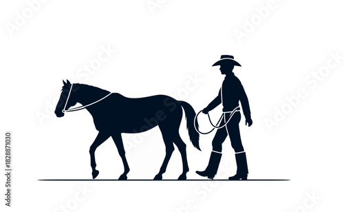 Cowboy leads horse across plain in silhouette, evoking a sense of solitude and the traditional American West.