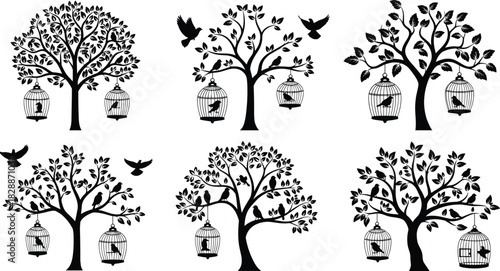 Elaborate black silhouette vector illustration of a vintage garden scene with an ornate gazebo, park bench, street light, antique bicycle, and a hanging birdcage, symbolizing romance and outdoor 