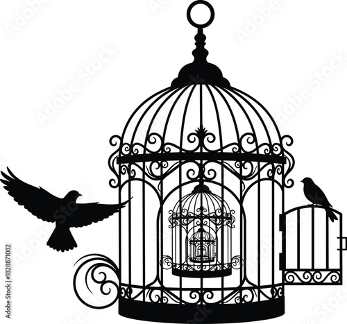 Elaborate black silhouette of an antique victorian birdcage with an open door, a flying bird, and a smaller nested cage, symbolizing freedom, confinement, vintage elegance, and escape vector graphic 