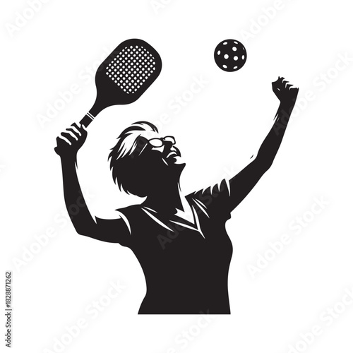 pickleball grandma winning match celebration vector silhouette clip art logo design illustration