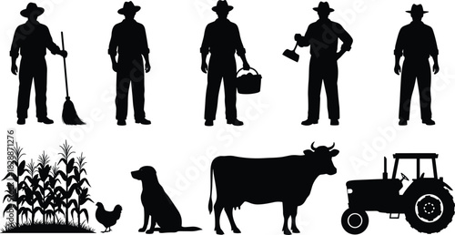 Farmer man and farm elements vector silhouette set, agriculture worker with tools, cow, dog, chicken, corn, and tractor collection, rural livelihood and farming black icons.