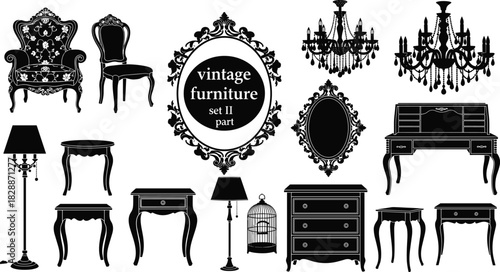 Extensive black silhouette vector set of vintage furniture and accessories, including chairs, chandeliers, mirrors, desks, and lamps, representing antique, baroque, interior design, and home decor 