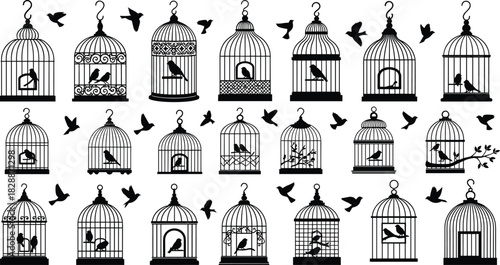 Mega black silhouette vector set of twenty-one diverse vintage birdcages with perching and flying birds, illustrating freedom, confinement, elegance, pet keeping, and decorative home accessory icons.