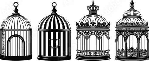 Set of four black silhouette bird cages, including simple and highly ornate victorian and baroque styles, representing vintage elegance, home decoration, pet keeping, and retro design vector 