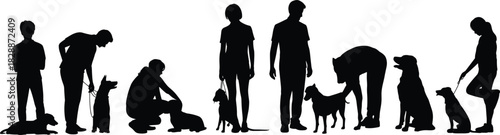 Black Silhouettes of People Interacting and Caring for Various Dogs, Showcasing Pet Ownership, Training, Companionship, and the Human-Animal Bond