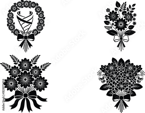 Vector floral bouquets and wreath silhouette set, commemorative flower arrangements with ribbon bow, funeral and memorial design elements, black icon collection for decoration and tribute.