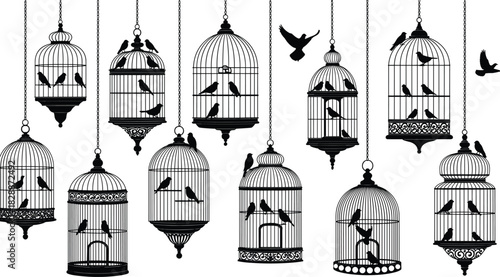Set of ten unique black silhouette vintage birdcages with perching birds, suspended by chains, representing freedom, confinement, antique design, elegance, and decorative home accessory vector icons.