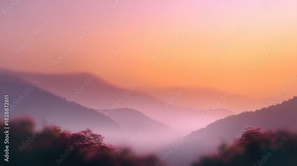 Obraz premium Serene Mountain Landscape at Sunrise with Soft Hues of Purple, Pink, and Orange in Tranquil Misty Atmosphere