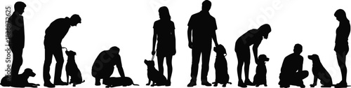 Set of People and Dogs Silhouettes Interacting, Pet Owners Training, Walking, and Caring for Animals, Companionship Vector Illustration