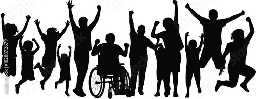 Silhouette of diverse group celebrating, including people jumping and wheelchair user with raised arms, symbolizing inclusion, success, joy, unity, energy, isolated, black, white