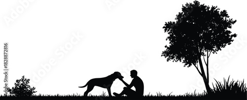 Silhouette of Person Sitting with Dog Under Tree, Man Petting Canine Companion in Grass Field, Black Isolated Graphic for Outdoors Nature Friendship and Animal Bond Concepts