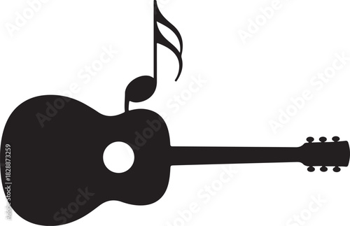Acoustic guitar silhouette with a musical note floating above it silhouette