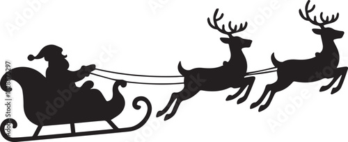 Santa Claus is flying in sleigh with Christmas reindeer. Silhouette of Santa Claus, sleigh with Christmas presents and reindeer