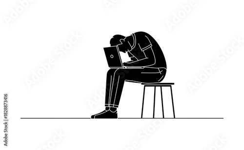 Frustrated man sits hunched over laptop on stool against white backdrop, feeling stressed and overwhelmed by work challenges in minimalist style.