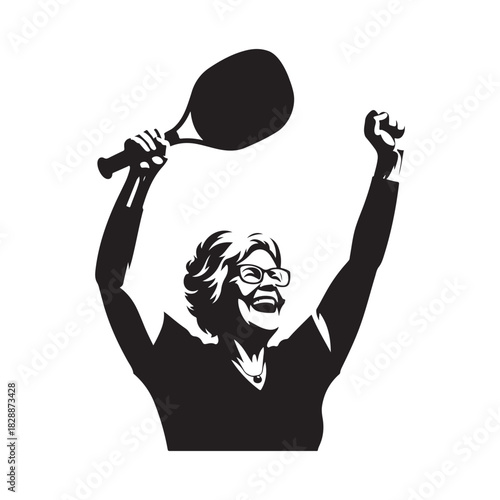 pickleball grandma winning match celebration vector silhouette clip art logo design illustration