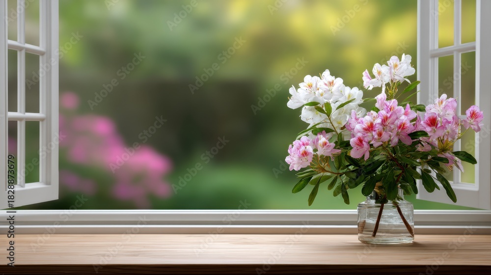 Fototapeta premium Beautiful vibrant flowers in a clear vase on a wooden windowsill against a soft blurred green and pink garden background in natural light