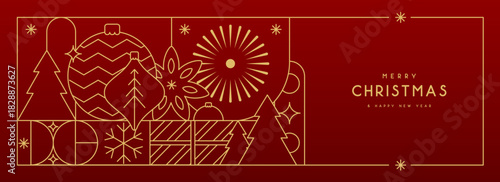 Line art Christmas holiday greeting card on red background. Vector illustration