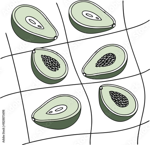 Avocado Halves with Seeds and Pits in Various Angles on Dark Background vector