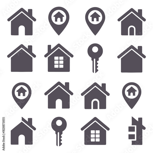 Collection of dark gray house and location pin icons representing real estate, property, home search, and key concept