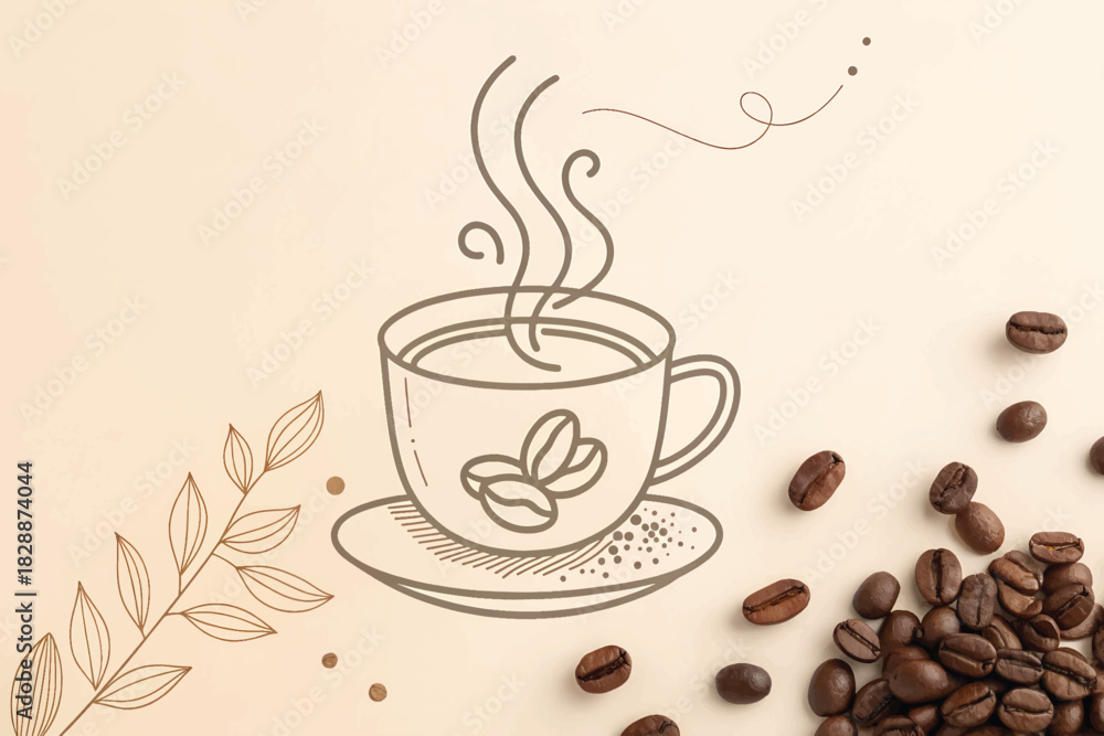 Obraz premium Hand-Drawn Coffee Cup with Real Beans and Leaves ? Warm Minimalist Caf? Aesthetic.eps