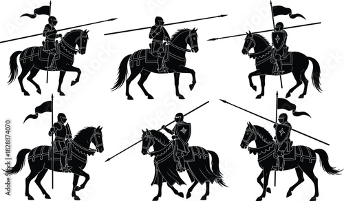 Collection of black armored knights on horseback holding spears and banners, vector illustration isolated on white for medieval history logo design.