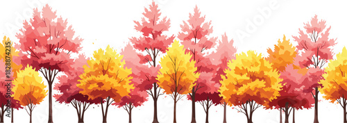 Colorful autumn trees border vector illustration, pink and orange fall forest landscape, seasonal nature background for design, isolated on white.