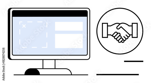 Digital collaboration. Handshake partnership next to a computer screen. Digital collaboration in teamwork, remote work, networking, and business solutions. For tech integration, startups, online