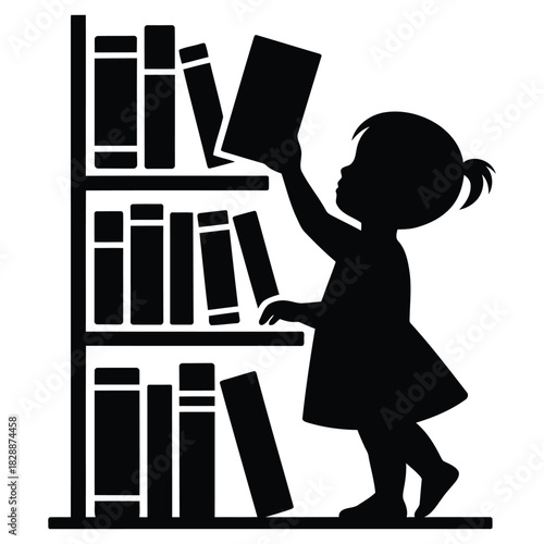 Silhouette of a small child reaching up to take a book from a tall bookshelf