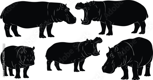 Hippopotamus silhouette vector set, black african animal collection, wild mammal illustration, hippo with open mouth and standing poses for zoo, nature design