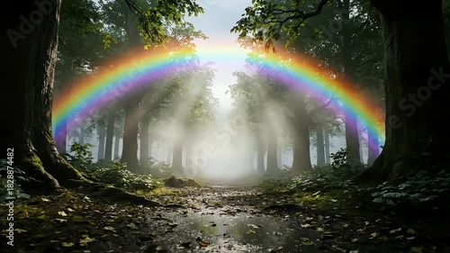 Rainbow Arches Over Misty Forest Path with Sun Rays