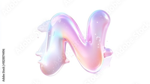 Holographic blob letter n with floating iridescent design on white background