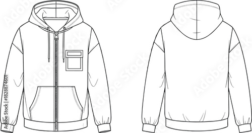 Men's oversized zip-up hoodie jacket CAD technical drawing vector illustration, front and back view, fashion design sketch template, apparel blank mock-up.