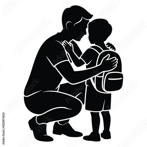 Silhouette of father crouching to hug young child wearing backpack for first day of school