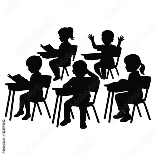 Silhouette of diverse group of young student children sitting at desk in classroom raising hand and reading book