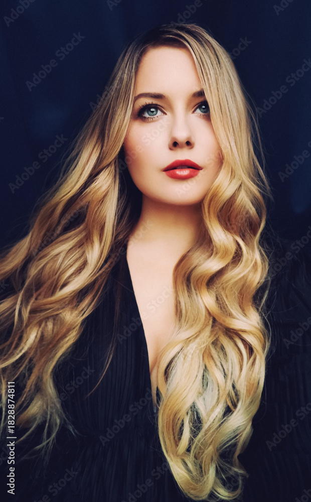 Fototapeta premium Beautiful young blonde woman with wavy hair and red lips, looking up, portraying beauty, elegance, and fashion