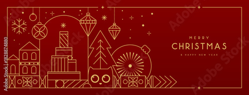 Line art Christmas holiday greeting card with funny cat on red background. Vector illustration