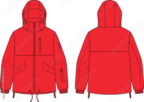 Red hooded utility jacket technical sketch front and back view, cad drawing flat vector illustration for zip outerwear design template