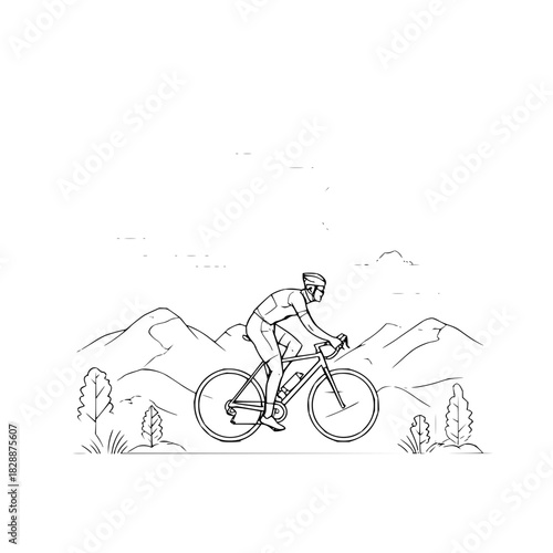 Line art drawing of a cyclist riding a bicycle in the mountains