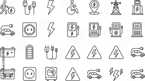 Electric Car Charging Stations Outline Icons Set, Renewable Energy, EV Technology, Power, and Mobility Symbols