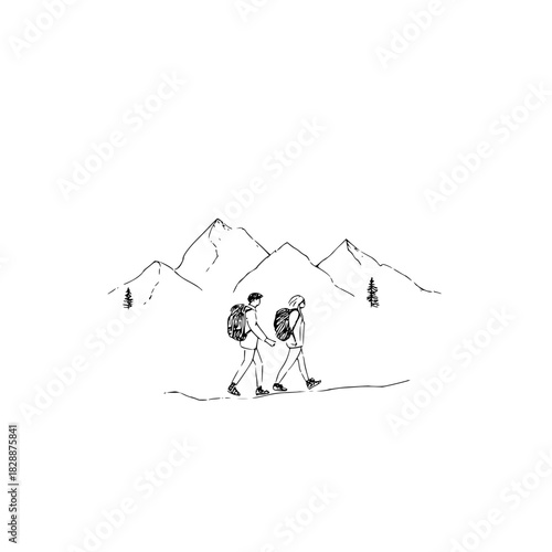 Minimalist line drawing of two hikers with backpacks walking in mountains