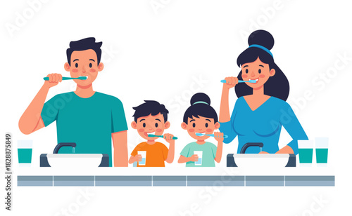 Family brushing teeth together in bathroom with colorful outfits and bright smiles, promoting dental hygiene and healthy lifestyle.