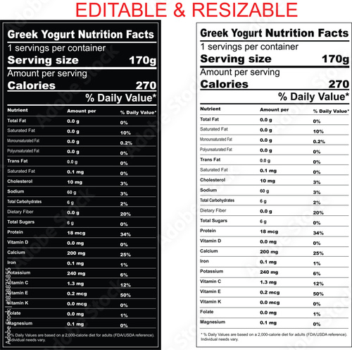 Greek Yogurt label isolated on white background with daily values, nutrition calculator, nutritional panel, Supplement Facts