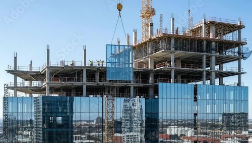 Wallpaper Mural Construction site showing a building in progress, with a crane lifting a glass panel, and the surroundings reflecting on the glass surfaces Torontodigital.ca
