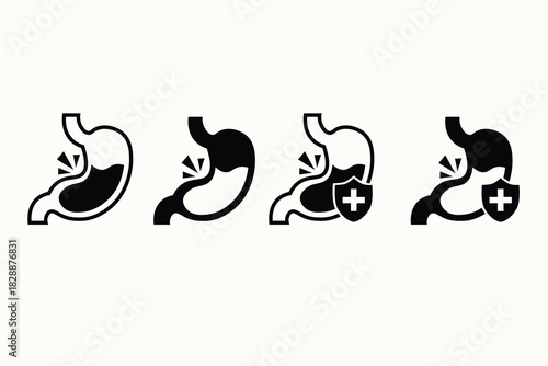 Vector icon set of stomach health symbols showing digestion and medical treatment concepts. Clean minimal design suitable for healthcare, anatomy, wellness, clinic materials, and medical illustrations